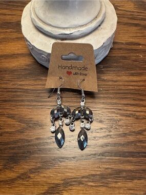 Gray Beaded Dangle Earrings with Crystal Accents